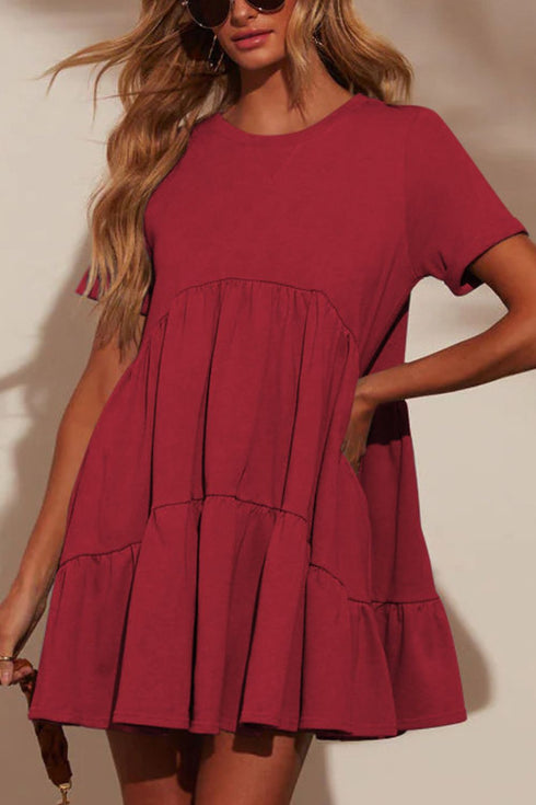 Tiered Round Neck Short Sleeve Mini Dress - Odaingerous